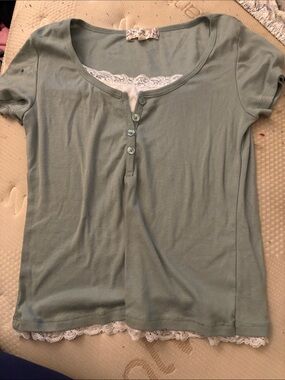 Lace-Trim Short Sleeve Henley Top - Sage Green